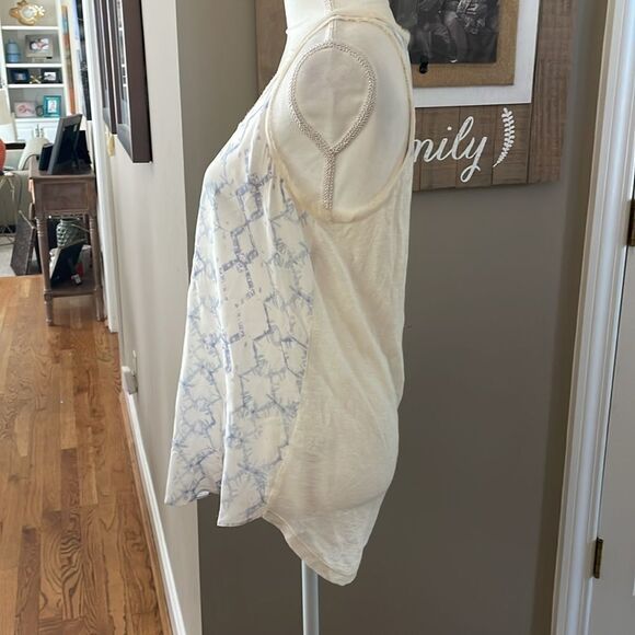 Rebecca Taylor Cream and Blue Print Silk and Linen Sleeveless Top - Picture 4 of 8